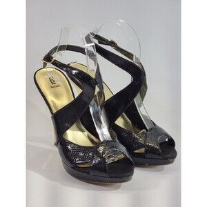 HHP Women's Size 9B Baker's Black Gold Faux Leather Sandals High Heel Shoes EUC‎
